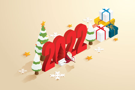 Santa Claus Grandfather Send gifts via 2022, gift box background with christmas tree. Merry christmas and  happy new year 2022 for web banners. isometric vector illustrations.のイラスト素材