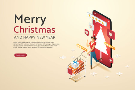 Woman with gift discount on shopping cart happy shopping online on smartphone christmasday holiday, online consumerism concept. isometric vectror illustration.のイラスト素材