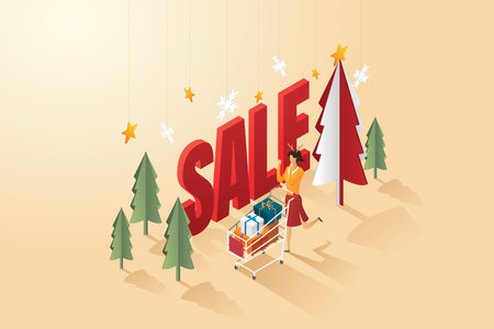 Woman with gift discount on online shopping cart happy christmas isometric vector illustration.のイラスト素材
