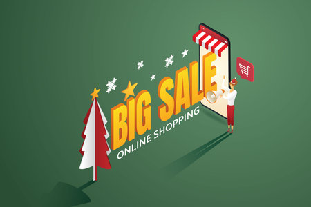Sales online shopping christmasday concept. Woman with megaphone, promotion, sale, discount. Big Sale for online on smartphone. isometric vectror illustration.のイラスト素材