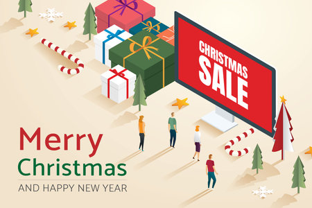 Group of people walking to shopping online in computer. backgrounds gift box and decoration, Merry christmas and happy new year on web banners. isometric vector illustrations.のイラスト素材