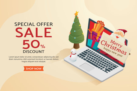 Christmas shopping online. Santa claus with christmas tree gift box. Christmas sales and offers on web banners. isometric vector illustration.のイラスト素材