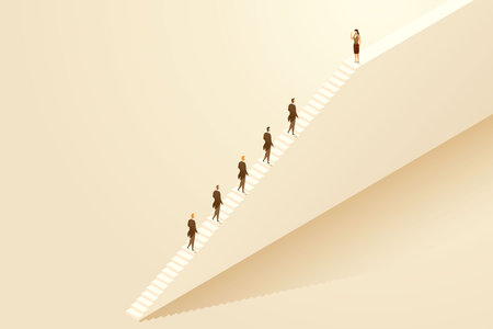Businesswoman leaders leading a team of businessman. Concept of liberation, success, ambitions, women's leadership. isometric vector illustration.のイラスト素材