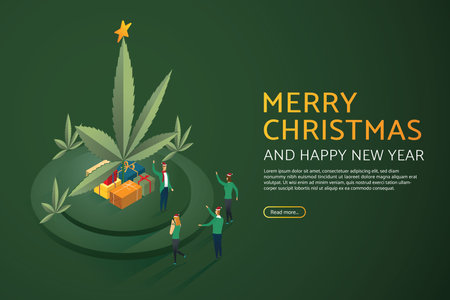 Group of people christmas marijuana and gift box. Merry Christmas and Happy New Year. isometric vector illustrations.のイラスト素材