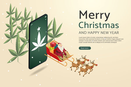 Santa claus with reindeer flying Send gifts via smartphone, background with marijuana plant. Merry christmas and  happy new year for web banners. isometric vector illustrations.のイラスト素材