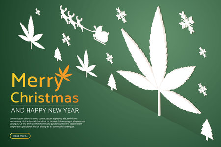 Santa Claus with reindeer sign and christmas tree cannabis marijuana plant lighted sign background wall green. Merry christmas and happy new year, web banners, isometric vector illustrations.のイラスト素材