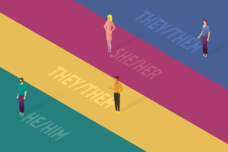 Group of teenagers She, he, and they stand on bright stripes with gender pronouns. Transgender persons, non-binary rights. isometric vector illustration.のイラスト素材
