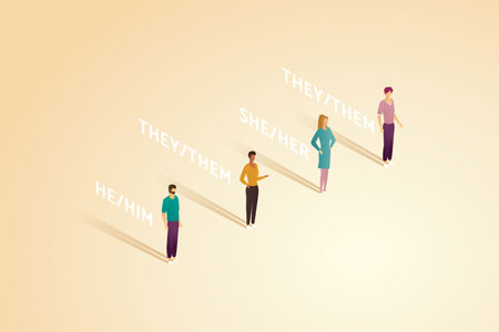 Non-binary rights, transgender rights, group of young people with gender pronouns she, him, and them. isometric vector illustration.のイラスト素材