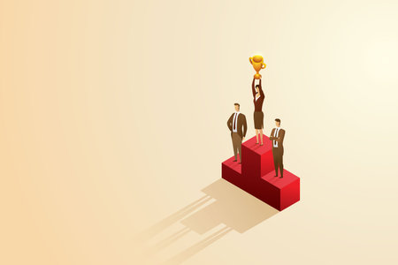 Businesswoman holds a trophy on a podium above a businessman. Leadership and success business victory gender equality The power of feminism over men. isometric concept illustration.のイラスト素材