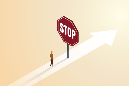 Obstacles to women's careers are stopped from reaching their goals. gender discrimination. Businesswoman standing in front of a stop sign. isometric vector illustration.のイラスト素材