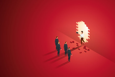 Businesswoman breaks the barrier of business inequality or job opportunities unfair discrimination. isometric illustration vector.のイラスト素材