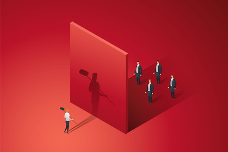 Businesswoman breaks barriers to gender inequality job opportunities unfair discrimination. isometric vector illustration.のイラスト素材