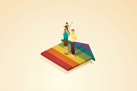 LGBT family, children ride on the necks of happy male fathers and mothers. Gay parents stand on a rainbow house.  isometric vector illustration.のイラスト素材