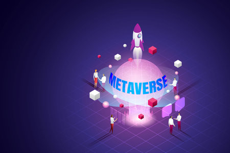 Experience 3D Metaverse, the limitless virtual reality technology for future users and digital devices of the business world. isometric vector illustration.のイラスト素材