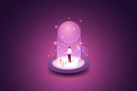 Experience 3D Metaverse, a virtual reality technology for users digital devices future technology. isometric vector illustration.のイラスト素材