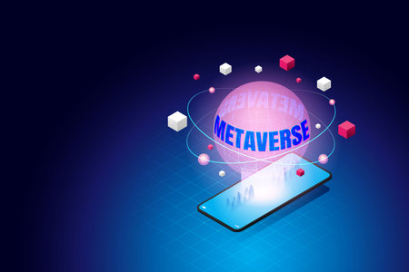World metaverse on smartphone. limitless virtual reality technology for future digital devices. isometric vector illustration.のイラスト素材