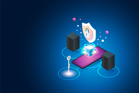 Data protection through cloud server data centers for secure online storage through mobile devices. isometric vector illustration.のイラスト素材