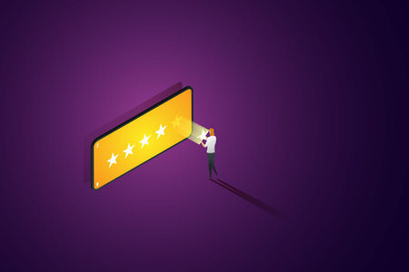 Businesswoman giving five star feedback rating, evaluation, satisfaction, giving feedback at work or doing business via smartphone. isometric vector illustration.のイラスト素材