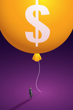 Dollar sign on a floating balloon.Investment bubble is ready to explode, high inflation financial risk. isometric vector illustration.のイラスト素材