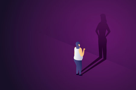 Fat girl ready to fight to lose weight to be slim like a slim girl shadow on the wall. isometric vector illustration.のイラスト素材