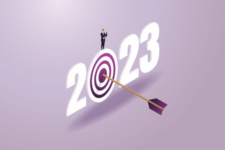 Successful businessman achieve of goals for 2023 from, archery hitting bull eyes of target , business challenge and financial concept. isometric vector illustration.のイラスト素材
