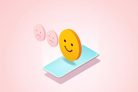 Happy face emoticon customer experience rating satisfaction survey Great feedback for customer products and services. isometric vector illustrationのイラスト素材