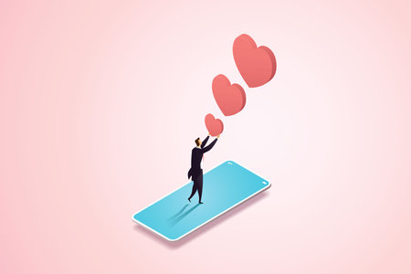 Businessman holding like heart icon through smartphone screen social media icons pink back. isometric vector illustration.のイラスト素材