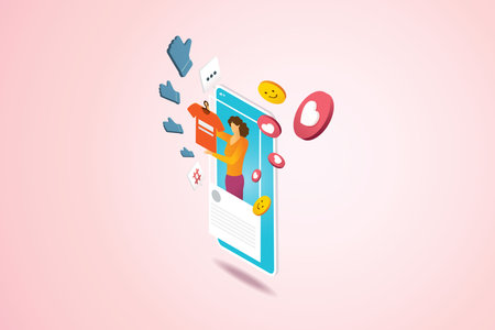 Young women selling clothes online in the social profile frame via smartphone Product promotion and social media icons. isometric vector illustrationのイラスト素材