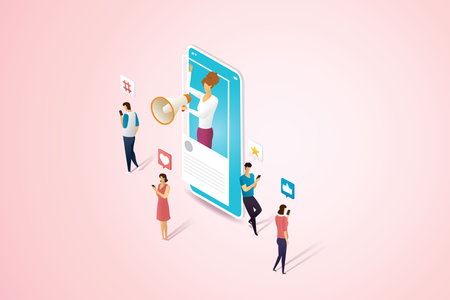 Young woman holding a megaphone to promote products with online customers in the social profile frame via smartphone Product promotion and social media icons. isometric vector illustration.のイラスト素材