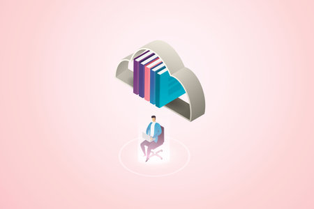 Cloud book storage online digital library for online study man working under big cloud book. isometric vector illustration.のイラスト素材