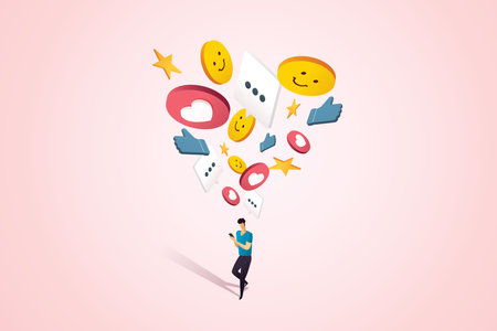 Young men use social media communication platforms online. via mobile phone social media communication, emoji. isometric vector illustrationのイラスト素材