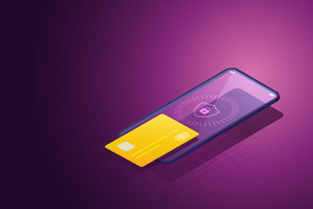 Protection of financial credit card information on smartphones. isometric vector illustration.のイラスト素材