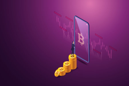 Businessman standing on coin analyzing candlestick chart Stock trading chart on smartphone stock market growth, financial investment from Crypto Trading. isometric vector illustration.のイラスト素材