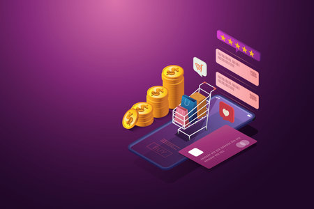 Online shopping via smartphone Shopping bags on mobile shopping carts and piles of coins, credit card. dark purple background.  isometric vector illustration.のイラスト素材