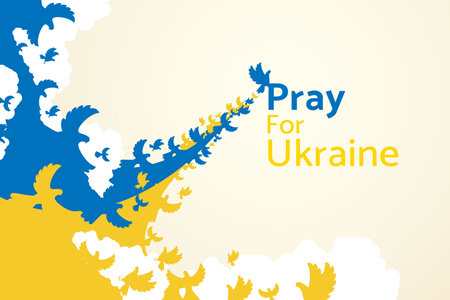 Blue pigeons and yellow pigeons flew together to form  flag Ukrainian. pray for ukraine dove of peace cream background. vector illustration.のイラスト素材