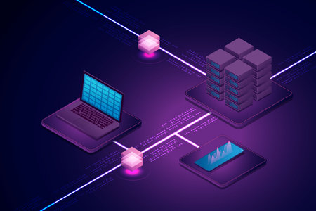 Connecting and processing from large central data centers via laptops, mobile phones on Blockchain technology. isometric vector illustration.のイラスト素材