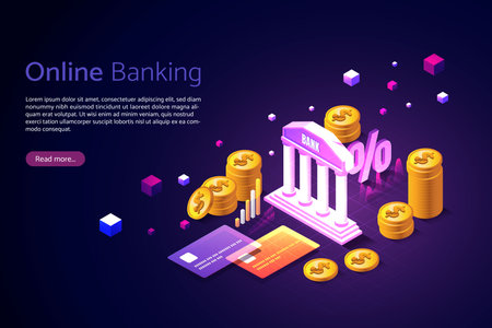 Conduct financial and service transactions through online banking  Digital Finance Online Accounts Page. Banners Landing Pages. isometric vector illustration.のイラスト素材