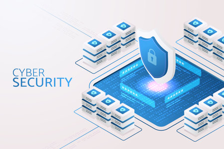 Information Security cyber security shield symbol of icon encryption protect data cybersecurity technology. isometric vector illustration.のイラスト素材