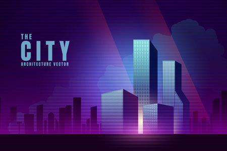 City downtown skyscrapers landscape architecture buildings Neon glow lighting background. Combination of real and virtual. illustration Vectorのイラスト素材