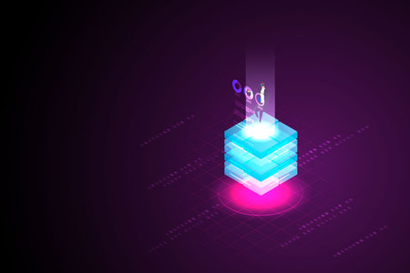 Experience 3D Metaverse, the limitless virtual reality technology for future users and digital devices. blockchain innovation connection isometric vector illustrationのイラスト素材