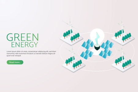 Generating electricity with solar panels Solar energy and wind turbines, clean energy and environmentally sustainable alternative energy.  isometric vector illustration.のイラスト素材
