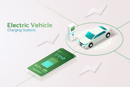 Charging station for electric vehicles,  EV car, charging car the app  via smartphone. isometric vector illustration.のイラスト素材