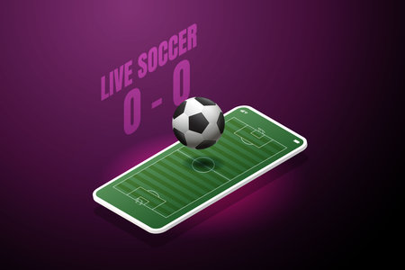 Watch football matches on your smartphone screen. Live football cup online via mobile. isometric vector illustration.のイラスト素材