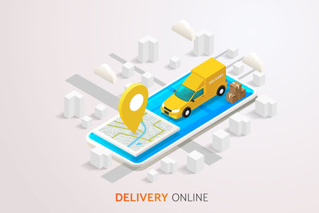 Delivery trucks and delivery boxes Online delivery service on mobile phone screen on map background and road. isometric vector illustrationのイラスト素材