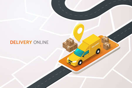 Delivery trucks and delivery boxes Online delivery service on mobile phone screen on map background and road. isometric vector illustrationのイラスト素材