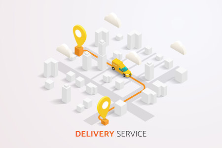 Delivery trucks and delivery boxes Online delivery service on map background and road. isometric vector illustrationのイラスト素材