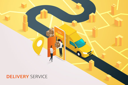 Employees deliver goods to customers via smartphones on the map. Fast online delivery service via mobile, landing page banner on white background. isometric vector illustration.のイラスト素材