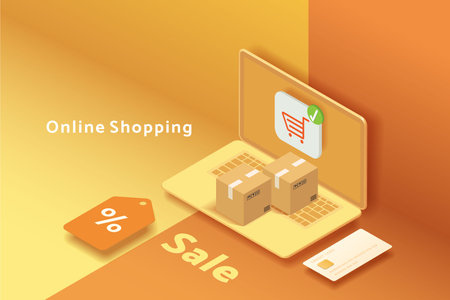 Online shopping via laptop, price tag or discount label, parcel box, credit card, icon shopping cart, on yellow and orange background. isometric vector illustrationのイラスト素材