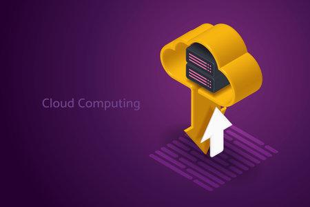 Technology connection Upload and download data on cloud database access through cloud computing services on a purple background. 3D isometric vector illustration.のイラスト素材