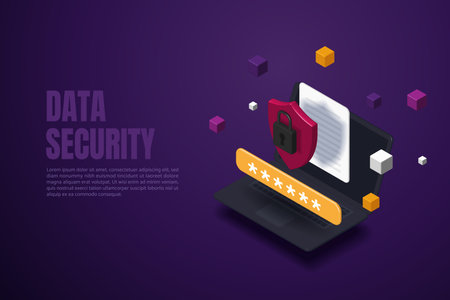 Security of sensitive data protection and passwords on laptop cyber security security shield icon padlock electronic document. 3D isometric vector illustration.のイラスト素材